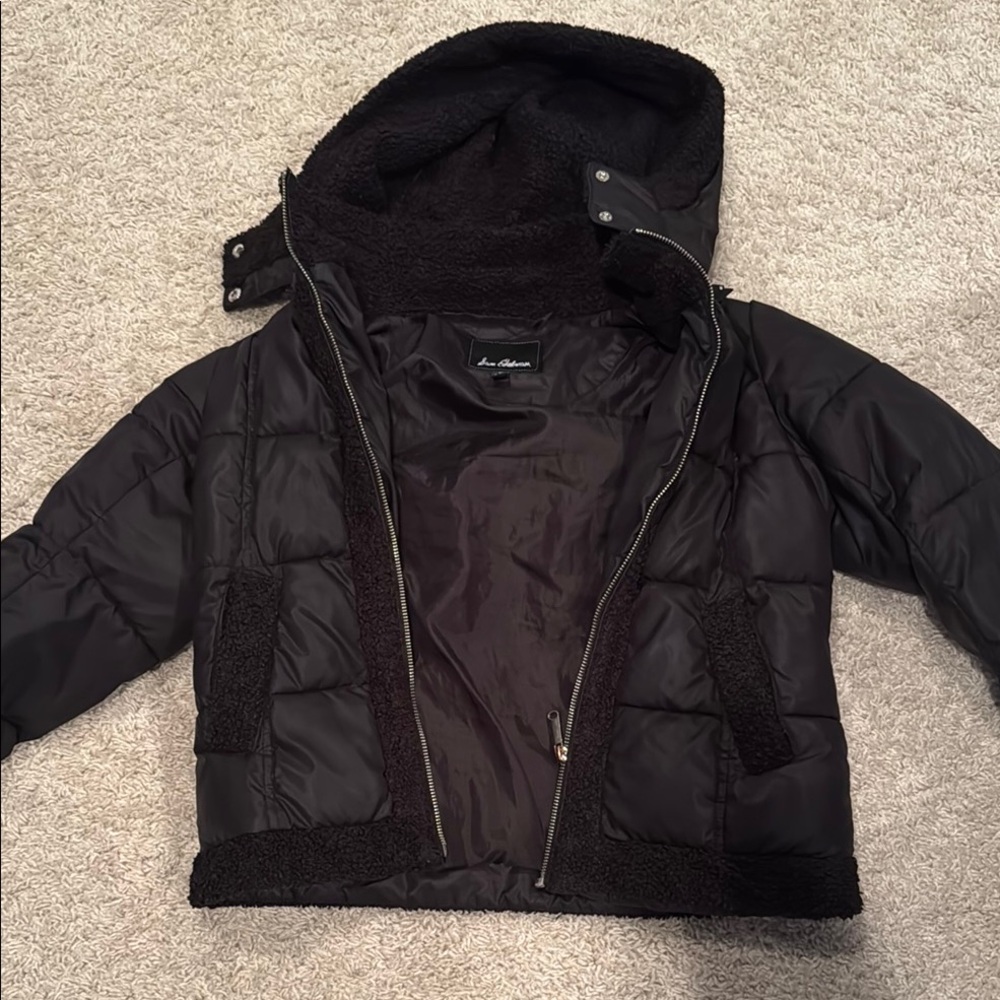 Sam Edleman Girls Black Puffer Jacket with Hood, with fleece trim